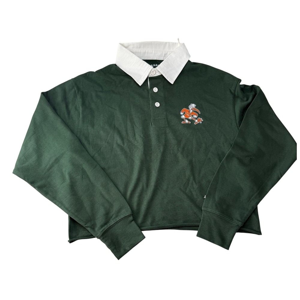League University Miami Hurricanes Cropped Rugby Shirt Green Womens Small NEW